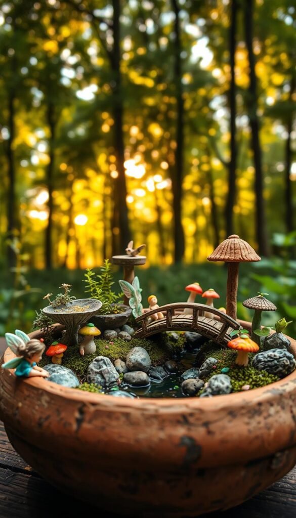 A step-by-step fairy garden creation set in a cozy, sun-dappled scene. In the foreground, delicate fairy figurines carefully place miniature plants, stones, and a birdbath into a rustic ceramic pot. The middle ground features a whimsical array of colorful mushrooms, glowing fireflies, and a tiny wooden bridge over a babbling brook. In the background, a lush forest canopy filters warm, golden light, casting a serene, enchanted atmosphere. The composition is shot from a low angle, creating a sense of immersion and wonder. Soft, diffused lighting and a shallow depth of field enhance the dreamlike, magical quality of the fairy garden.