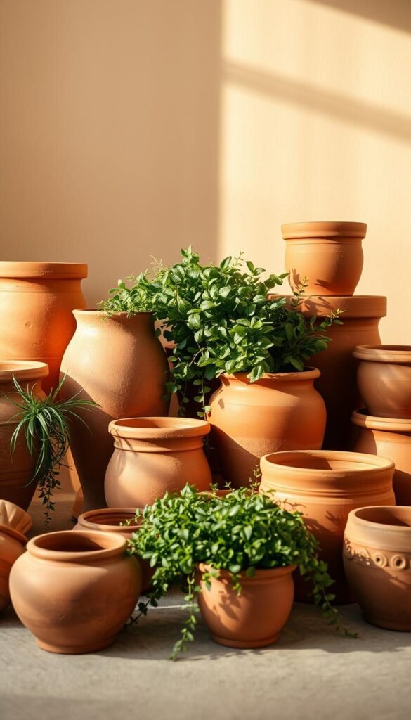 A still life arrangement of various-sized terracotta pots and planters in warm, earthy tones, set against a soft, diffused light. The pots are arranged in an organic, asymmetrical layout, some with lush greenery spilling out. The lighting creates a gentle, golden glow, accentuating the textured surfaces and muted hues of the terracotta. The background is a muted, neutral tone, allowing the terracotta to take center stage. Captured with a shallow depth of field, creating a sense of depth and focus on the foreground elements. The overall mood is one of tranquility, warmth, and a touch of Mediterranean charm.