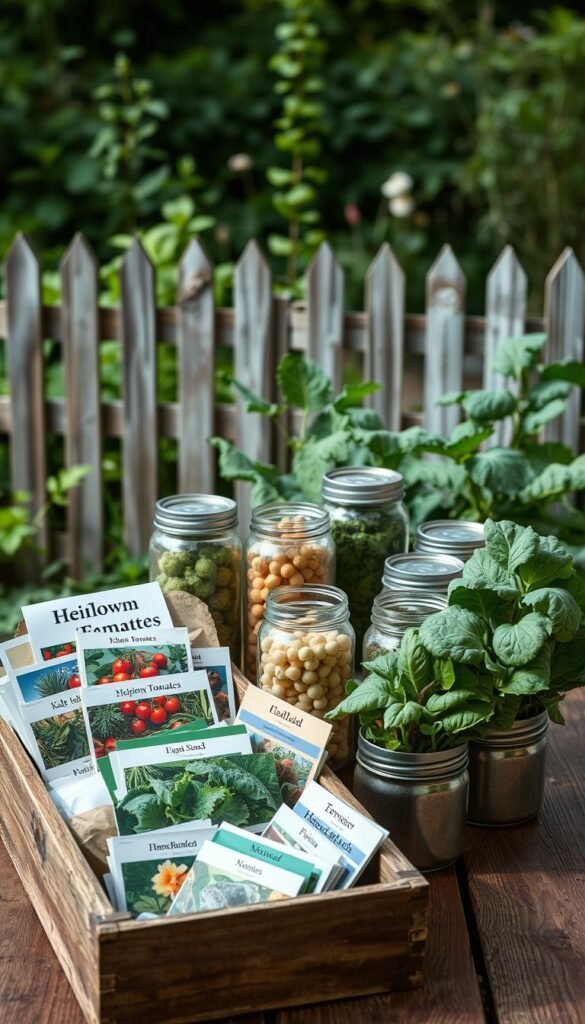 A still life scene showcasing an assortment of cold-hardy seeds - heirloom tomatoes, kale, and spinach - arranged neatly in repurposed containers. The foreground features a rustic wooden box filled with various seed packets, while the middle ground displays an array of recycled glass jars and tin cans housing the seeds. In the background, a weathered picket fence and a lush, verdant garden provide a tranquil, natural setting. The lighting is soft and diffused, creating a warm, inviting atmosphere. The overall composition conveys a sense of sustainability, organization, and the promise of a bountiful harvest to come.