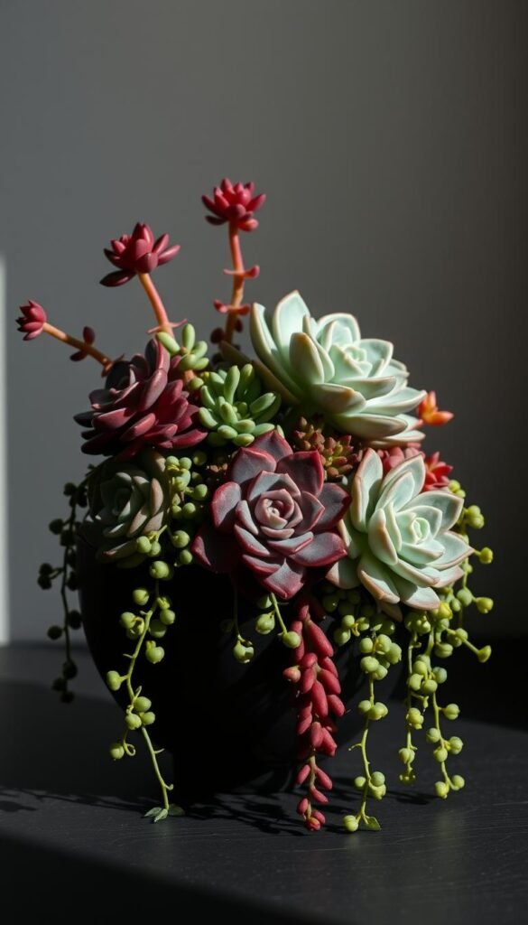 A striking arrangement of vibrant succulents in a modern, minimalist dish garden. Sculptural rosettes and trailing tendrils cascade elegantly, their colors ranging from deep burgundy to soft sage green. Dramatic shadows and highlights accentuate the plants' intricate textures, creating a sense of depth and dimension. The composition is carefully balanced, with each succulent thoughtfully positioned to form a captivating, harmonious display. Soft, indirect lighting illuminates the scene, casting a warm, natural glow that enhances the plants' natural beauty. The overall effect is one of refined sophistication and understated elegance, perfectly suited for a contemporary living space.