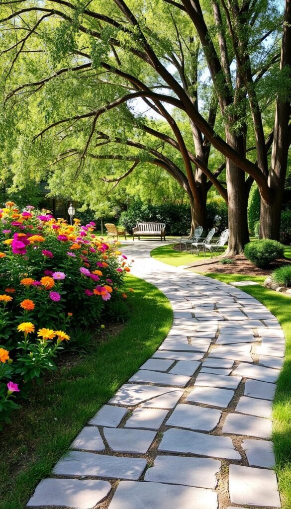 A stunning walkway winds through a lush, well-manicured front yard. The path is composed of irregular, natural-looking flagstones in a mix of earthy tones, creating a charming, rustic aesthetic. Bordering the walkway are vibrant, colorful flowers in bloom, their petals dancing in a gentle breeze. Tall, graceful trees provide dappled shade, casting intricate patterns of light and shadow across the scene. In the distance, a cozy seating area invites visitors to pause and enjoy the serene outdoor setting. The overall atmosphere is one of tranquility and effortless beauty, showcasing a harmonious blend of nature and thoughtful design.