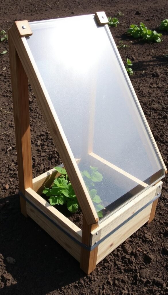 A sturdy, rectangular cold frame structure stands on a garden plot, its transparent lid reflecting the natural light. The frame is made of durable, weathered wood, its corners reinforced with metal brackets. The lid, crafted from clear, shatterproof acrylic panels, slopes gently to allow rainwater runoff. Sunlight filters through the translucent lid, creating a warm, sheltered microclimate for delicate plants to thrive. The surrounding soil is rich and dark, suggesting a well-tended garden. A sense of rustic practicality and resourcefulness pervades the scene, making it an inviting and functional addition to any winter gardening setup.