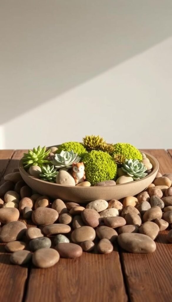 A succulent dish garden sits atop a rustic wooden table, bathed in warm, natural lighting. In the foreground, an assortment of smooth, polished river rocks in earthy tones create a textural foundation. Scattered amongst them, diminutive ceramic figurines of woodland creatures emerge, their intricate details catching the light. In the middle ground, lush, verdant moss clusters provide a soft, organic contrast, while the background features a simple, neutral-toned backdrop, allowing the garden's elements to take center stage. The overall scene radiates a sense of tranquility and whimsy, inviting the viewer to imagine curating their own personalized succulent dish garden.