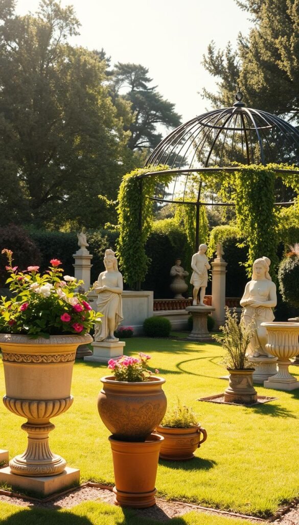 A sun-dappled French garden scene, featuring a collection of elegant vintage planters and classical sculptures. In the foreground, ornate stone urns and terracotta pots overflowing with lush greenery and blooming flowers. Intricate stone carvings and weathered statues of mythological figures stand sentry in the middle ground, their timeless forms casting long shadows across the neatly manicured lawn. In the background, a wrought-iron gazebo with a gently arching trellis, draped in trailing vines, creates a sense of timeless, romantic ambiance. The warm, golden light filters through the canopy of mature trees, lending a soft, nostalgic glow to the entire scene. Captured with a medium-format film camera, the image evokes a sense of elegance, refinement, and the enduring charm of classical French garden design.