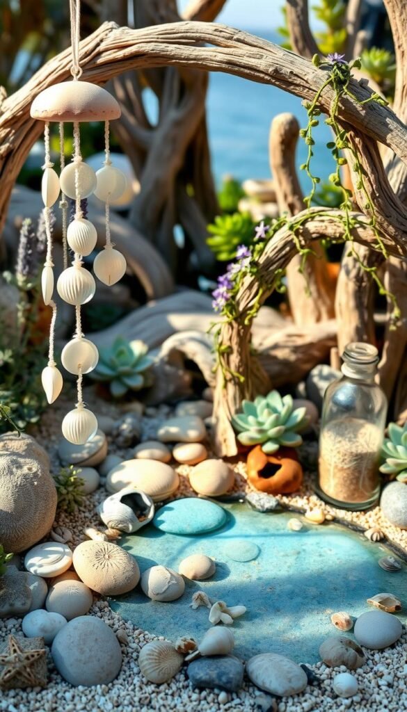 A sun-dappled beach fairy garden, adorned with a whimsical array of coastal accessories. In the foreground, delicate seashell chimes sway gently in a soft ocean breeze, their pearlescent tones catching the light. Nearby, a driftwood archway is draped with cascading vines and sprigs of sea lavender, creating a natural entryway. Scattered about are smooth river rocks, intricately carved with intricate patterns, and miniature glass bottles filled with sand and tiny shells. In the background, a tranquil tide pool reflects the azure sky, framed by lush, trailing succulents and weathered driftwood sculptures. Soft, diffused lighting imbues the scene with a magical, enchanted atmosphere.