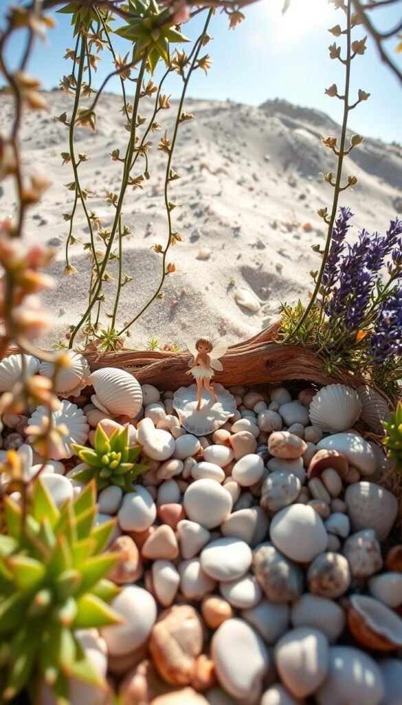 A sun-dappled beach fairy garden, where delicate seashells, smooth pebbles, and lush coastal plants create a whimsical sanctuary. In the foreground, a miniature fairy figurine stands amidst a cluster of shells and driftwood, her gossamer wings shimmering in the soft, golden light. Trailing vines of sand-dollar succulents and sea lavender frame the scene, leading the eye to a gently sloping, sandy backdrop dotted with clusters of conch shells and sea glass. The entire composition is captured through a wide-angle lens, creating a sense of depth and natural wonder, as if the viewer has stumbled upon a hidden, enchanted realm along the shore.