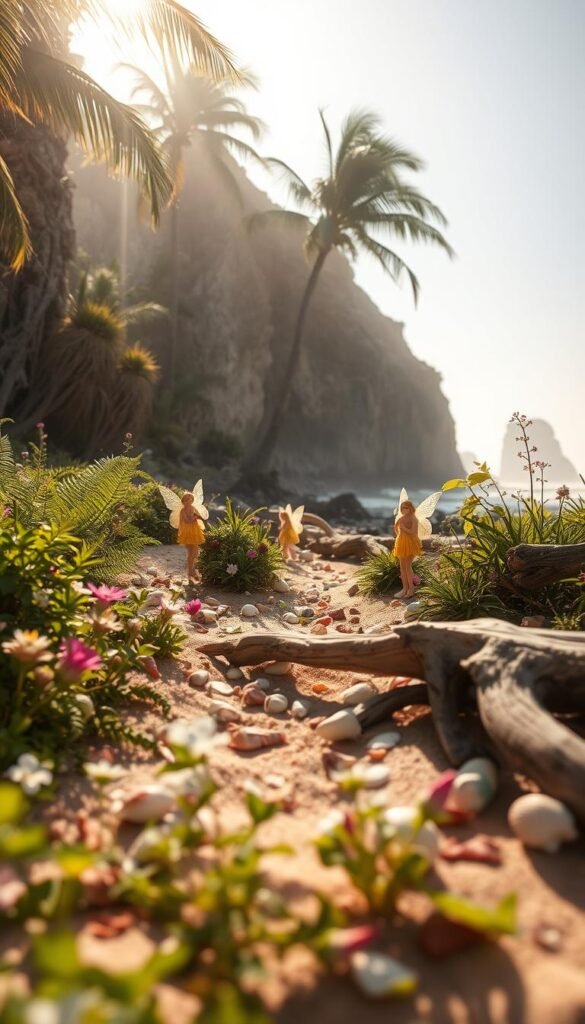 A sun-dappled coastal fairy garden, brimming with whimsical magic. In the foreground, delicate flowers and lush, verdant ferns sprawl across the sandy ground, their petals and fronds gently swaying in a soft, salty breeze. Midground, weathered driftwood and seashells create a mystical path, leading the eye deeper into the scene. Towering cliffs and swaying palms form the background, their silhouettes casting playful shadows across the enchanted landscape. Warm, golden light filters through the foliage, illuminating the fairy's gossamer wings as they flit among the flora, their faces alight with wonder and delight. An atmosphere of tranquil enchantment and coastal charm pervades the entire composition.