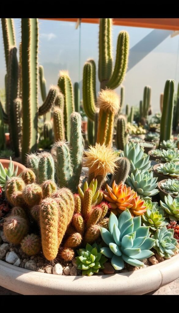A sun-dappled dish garden overflows with a vibrant mix of cacti and succulents in varying shapes and textures. In the foreground, a cluster of barrel cacti and echeveria plants create a captivating contrast, their fleshy leaves and spines catching the warm light. The middle ground features a selection of towering, sculptural saguaro cacti, their sturdy arms reaching skyward. In the background, a diverse array of smaller succulents, such as jade plants and rosette-forming aeoniums, add depth and visual interest. The overall composition is harmonious, with a natural, organic feel enhanced by the soft, diffused lighting, as if captured through a vintage lens. This dish garden design showcases the artistic potential of combining different cacti and succulents in a visually striking yet cohesive display.