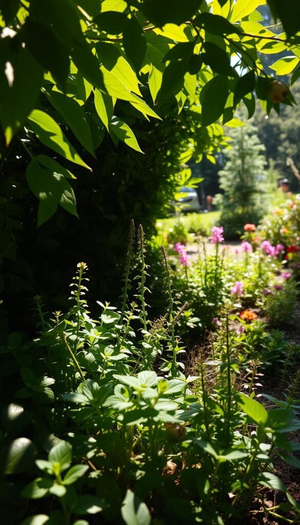 A sun-dappled fairy garden, with lush, verdant foliage in the foreground contrasting sharply with the deep, shadowy areas beside it. In the middle ground, a variety of shade-loving plants, their delicate leaves and stems highlighted by soft, filtered light. The background features a sun-soaked clearing, where vibrant blooms bask in the warm glow. A cinematic, atmospheric scene, captured with a wide-angle lens to emphasize the dynamic interplay of light and shade, inviting the viewer to explore the enchanting world of fairy garden plants thriving in both sun and shadow.