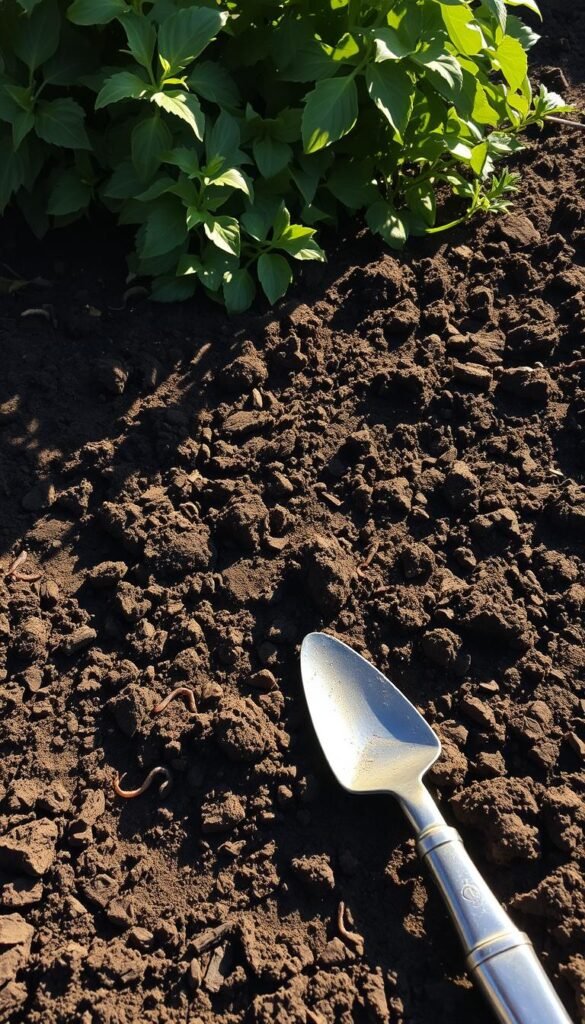A sun-dappled garden bed, the soil freshly tilled and crumbled, exposing rich, dark earth. Delicate tendrils of earthworms wriggle amidst the tilth, aerating the loam. Heirloom trowels and pruners lay neatly aside, their steel gleaming. A gentle breeze ruffles the lush foliage of nearby perennials, casting dappled shadows across the prepared seedbed. The air is earthy, the mood serene and anticipatory, as if the soil awaits the planting of new life. Crisp, high-contrast lighting from the overhead sun highlights the textural details of the soil, inviting the viewer to imagine the vibrant blooms soon to emerge from this fertile foundation.