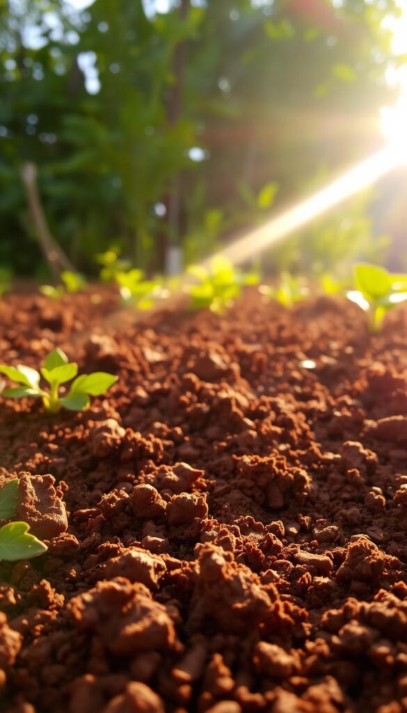 A sun-dappled garden bed, the soil rich and loamy, teeming with life. In the foreground, a close-up view of the earth, its texture revealed in intricate detail, hinting at the nutrients and minerals within. Beams of warm, golden light filter through lush foliage, casting a soft, natural glow over the scene. The overall atmosphere is one of tranquility and contemplation, inviting the viewer to closely examine the foundation of a thriving garden.