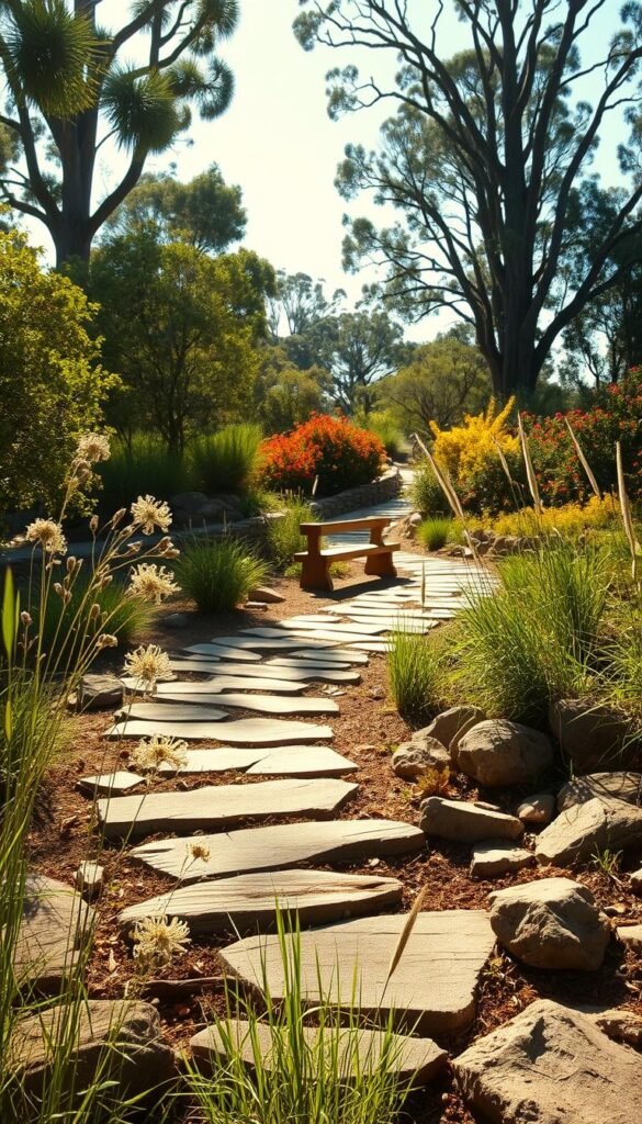 A sun-dappled garden path, winding through a lush, natural landscape. In the foreground, a mix of earthy textures - weathered timber, sun-baked stone, and smooth river rocks. Delicate native flowers and grasses sway gently in the breeze. The middle ground features a sculptural bench crafted from local hardwoods, blending seamlessly into the surroundings. Towering gum trees and vibrant native shrubs form the backdrop, casting soft, dappled shadows across the scene. The lighting is warm and golden, creating a serene, inviting atmosphere that evokes the tranquility of the Australian bush.