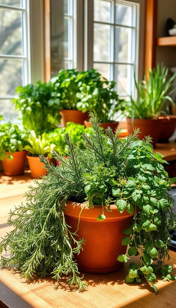 A sun-dappled kitchen counter overflows with an abundant assortment of fresh, vibrant herb varieties. In the foreground, a bouquet of fragrant rosemary, thyme, and oregano spills out of a rustic terracotta pot. Behind, a selection of leafy basil, parsley, and chives stands tall in clay planters, their verdant hues complemented by the warm, wooden tones of the counter. In the background, a large window bathes the scene in soft, natural light, casting gentle shadows and highlighting the delicate textures of the herbs. The overall impression is one of a well-tended, thriving indoor herb garden, brimming with the promise of flavorful home-cooked meals.