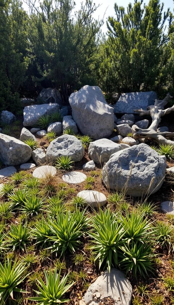 A sun-dappled rock garden with an artful arrangement of textured boulders, mossy stones, and weathered driftwood. In the foreground, a captivating tapestry of low-growing succulents and wispy grasses create a lush, naturalistic ground cover. The middle ground features a focal point of larger, irregular-shaped rocks strategically placed to guide the eye through the scene. In the background, a dense thicket of native shrubs and small trees frame the composition, casting soft shadows that add depth and dimension. The lighting is soft and diffused, creating a serene, tranquil atmosphere that evokes a sense of zen-like harmony.