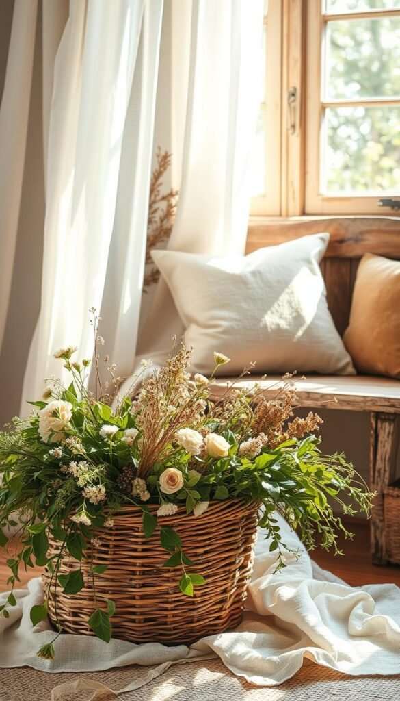 A sun-dappled still life featuring an assortment of natural textures and airy fabrics. In the foreground, a woven straw basket overflows with an abundance of fresh greenery and delicate dried flowers. Sheer white linen draperies billow gently in the breeze, casting soft shadows across the scene. In the background, a weathered wooden bench is adorned with a plush, earthy-toned cushion. Warm lighting filters through the window, illuminating the organic materials and creating a serene, welcoming atmosphere. The overall composition evokes a sense of effortless, rustic elegance, perfectly capturing the essence of the "Spring Garden Aesthetic" and "Incorporate Natural Textures and Airy Fabrics" theme.