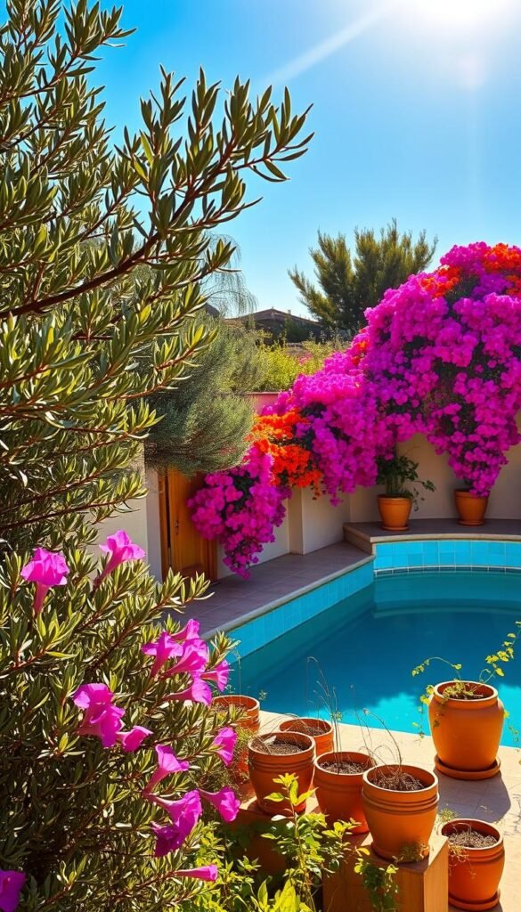 A sun-drenched Mediterranean garden bursting with vibrant hues. In the foreground, lush olive trees and fragrant rosemary bushes sway gently in a warm breeze. The middle ground features a colorful array of blooming bougainvillea, their vivid pink, purple, and orange petals cascading down a stucco wall. In the background, a turquoise-tiled pool reflects the azure sky, surrounded by terracotta pots overflowing with trailing vines. Warm, golden light filters through the scene, casting a soft, inviting glow. The overall atmosphere is one of tranquility, relaxation, and the essence of the Mediterranean lifestyle.
