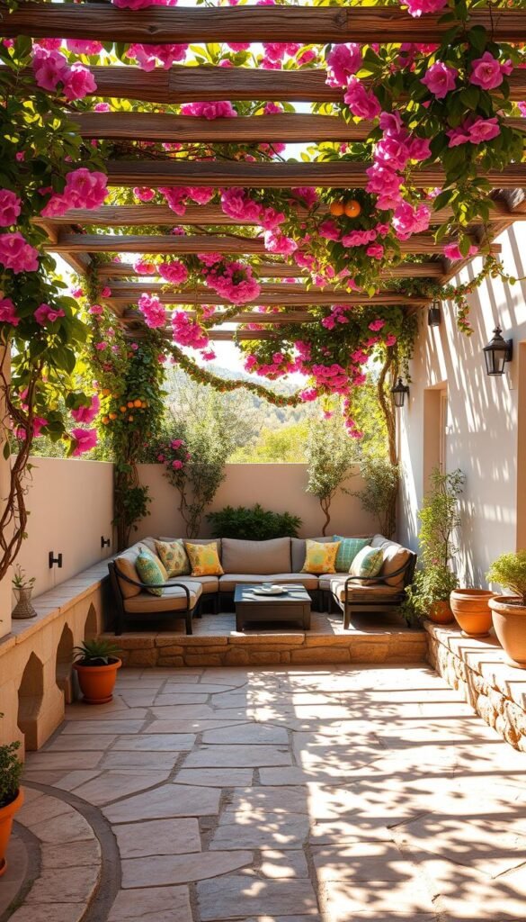 A sun-drenched Mediterranean-style outdoor seating area, featuring a rustic stone patio with a central lounging arrangement. A low stone wall frames the space, enveloping a plush sectional sofa adorned with colorful cushions. Trailing vines and potted citrus trees line the perimeter, casting dappled shadows. Overhead, a pergola with weathered wooden beams supports cascading bougainvillea blossoms, filtering the warm golden light. The scene exudes a serene, laid-back ambiance, inviting one to sink into the comfortable furnishings and savor the tranquil atmosphere.