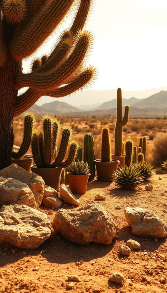 A sun-drenched desert scene, with a foreground of textured, sun-bleached rocks and sandy soil. In the middle ground, an arrangement of potted cacti and succulents, their spiny shapes casting dramatic shadows. The background features a distant, hazy horizon of rugged, ochre-toned hills. The lighting is warm and golden, creating a sense of arid tranquility. The image has a sharp, almost cinematic focus, with a wide-angle lens capturing the scene's expansive, yet intimate feel. The overall mood evokes the serene, understated beauty of the desert landscape.
