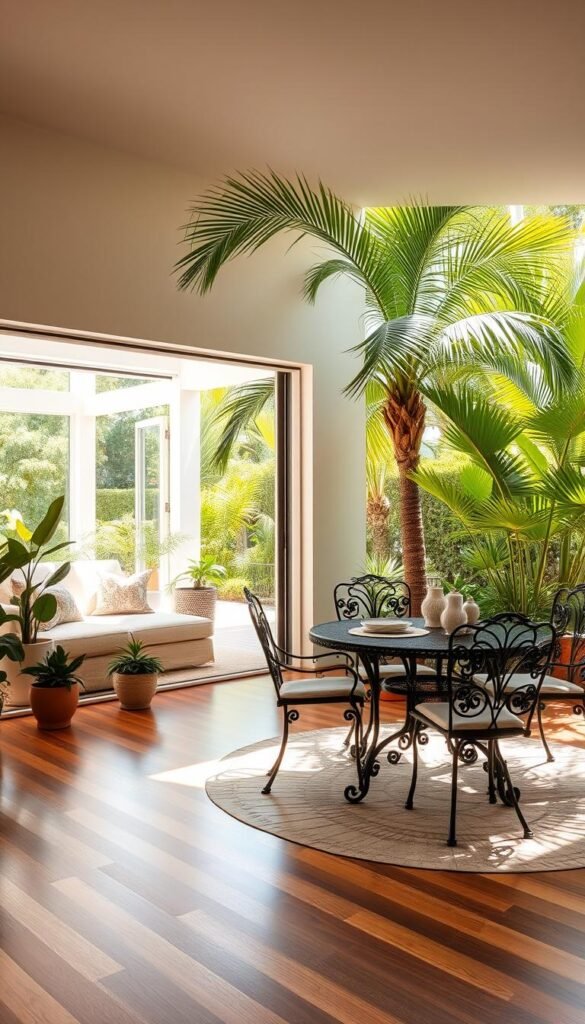 A sun-drenched interior space seamlessly blends with a lush, verdant outdoor garden. Large sliding glass doors allow natural light to flood the airy living room, where plush seating and potted plants create a cozy, tranquil atmosphere. The polished hardwood floors flow effortlessly from indoors to a stone patio, where an elegant wrought-iron table and chairs invite al fresco dining. Towering palm trees sway gently in the breeze, casting soft shadows across the scene. The carefully curated decor, with its neutral tones and organic textures, evokes a sense of calm and harmony, inviting you to embrace the beauty of the indoor-outdoor lifestyle.