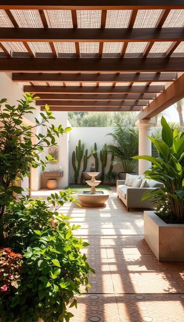 A sun-drenched living room seamlessly flows into an expansive patio, blurring the boundaries between indoor and outdoor living. Lush greenery spills from planter boxes, framing a cozy conversation area anchored by a plush sectional sofa. Overhead, a pergola casts a gentle shadow, diffusing the warm sunlight. Textured terracotta tiles underfoot lead the eye towards a tranquil water feature, its soothing sounds mingling with the chirping of birds. Soft neutral tones and natural materials create a calming, harmonious atmosphere, inviting residents to unwind and enjoy the perfect fusion of interior and exterior design.