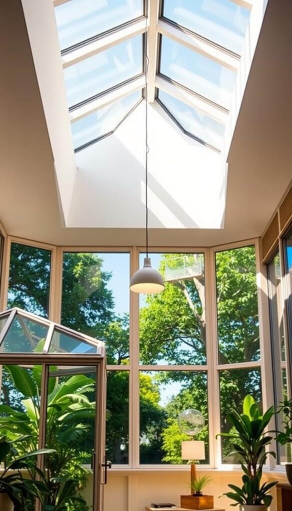 A sun-soaked room with floor-to-ceiling windows, showcasing an array of natural lighting solutions. In the foreground, a sleek glass-enclosed conservatory filled with lush greenery casts a warm, inviting glow. The middle ground features a minimalist pendant light and a strategically placed table lamp, complementing the natural light. In the background, an expansive skylight bathes the space in a soft, diffused radiance, casting dramatic shadows and highlighting the architectural details. The overall atmosphere exudes a sense of serenity and seamless indoor-outdoor harmony, perfectly capturing the essence of "Maximizing Natural and Smart Lighting Solutions".