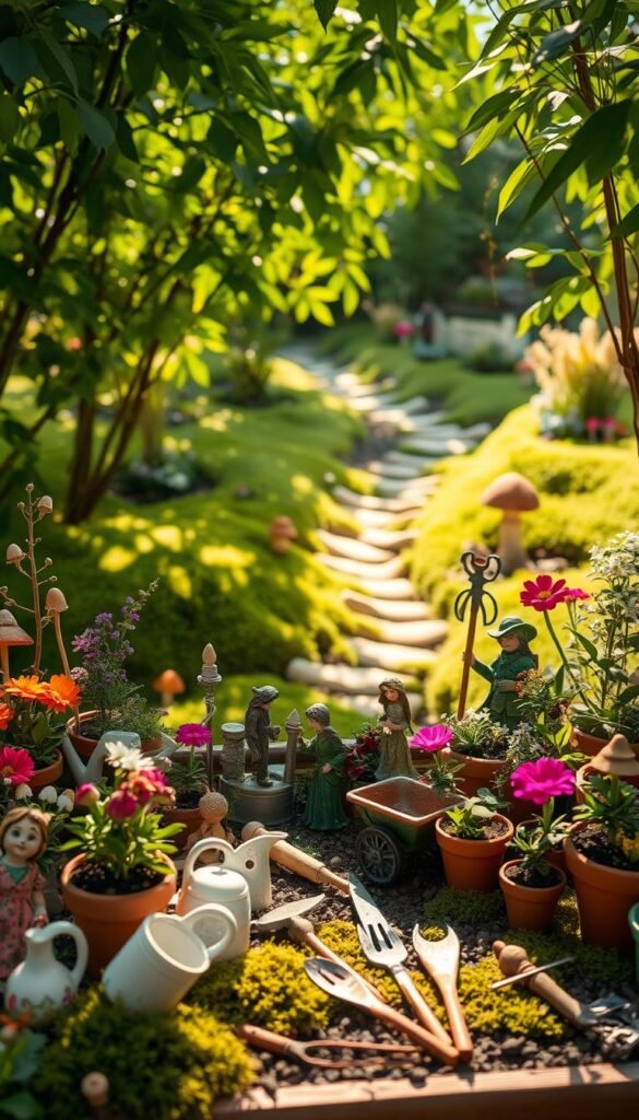 A sunlit fairy garden filled with an assortment of whimsical supplies and tools. In the foreground, delicate fairy garden figurines, miniature watering cans, and vibrant flowers in terracotta pots. The middle ground features a variety of tiny gardening tools, including hand trowels, pruning shears, and a small wheelbarrow. In the background, a lush, verdant landscape with a winding path and enchanted mushrooms peeking through the moss-covered ground. Soft, warm lighting filters through the canopy of leaves, creating a magical, ethereal atmosphere. The scene evokes a sense of wonder and inspiration for the viewer to cultivate their own enchanting fairy garden.