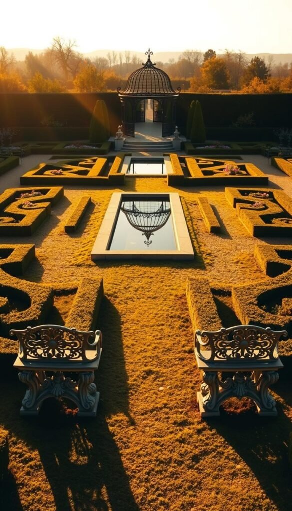 A symmetrical French garden layout with a central water feature, surrounded by perfectly trimmed hedges and neatly arranged flowerbeds. The scene is bathed in warm, golden afternoon light, casting long shadows and highlighting the intricate patterns of the pathways. In the foreground, a pair of ornate stone benches face each other, inviting visitors to pause and admire the meticulous design. The middle ground features a tranquil reflecting pool, its surface mirroring the symmetrical arrangement of the garden. In the background, a wrought-iron gazebo stands as a focal point, its elegant curves complementing the overall geometric harmony of the space.