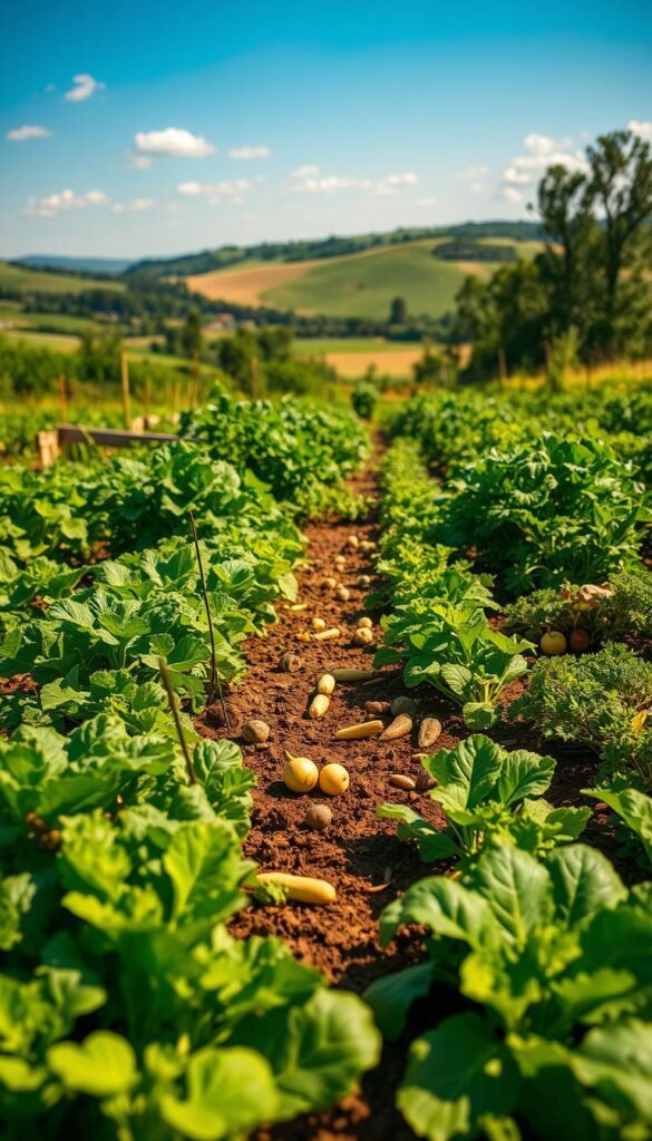 A thriving organic garden filled with lush, vibrant crops in a verdant, sun-dappled setting. In the foreground, various produce like leafy greens, root vegetables, and legumes are arranged in a harmonious pattern, showcasing the diverse benefits of crop rotation. The middle ground features a healthy soil bed enriched with organic matter, promoting nutrient-rich growth. In the background, a picturesque landscape with rolling hills, a clear blue sky, and a gentle breeze suggests an idyllic, sustainable ecosystem. The scene is bathed in warm, golden light, capturing the beauty and abundance of a well-planned crop rotation system.