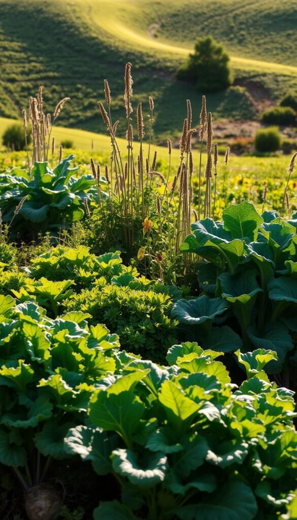 A thriving vegetable garden in a warm, sun-dappled field, showcasing the diverse array of perennial vegetables. In the foreground, lush leafy greens and vibrant root vegetables flourish, their deep green hues and textured foliage catching the soft, golden light. In the middle ground, tall, sturdy stalks of perennial kale and chard stand tall, their leaves rustling gently in a light breeze. The background features a rolling, verdant landscape, dotted with the colorful blooms of companion flowers that attract pollinators and enrich the soil. The overall scene conveys the abundant, self-sustaining nature of perennial vegetables, their resilience, and the bountiful benefits they offer for a no-till winter garden.