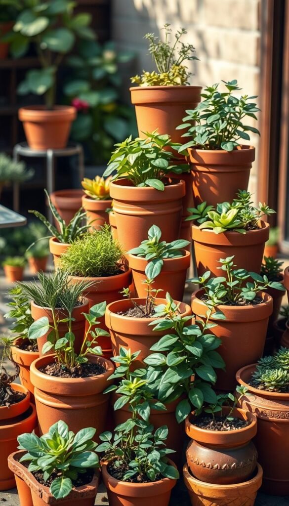 A tiered terra-cotta container display arranged with an eye-catching, harmonious composition. The foreground features a variety of lush, thriving potted plants in varying sizes and shapes, their terracotta hues complementing the natural earthy tones. The middle ground showcases a creative stacking of the containers, creating a sense of depth and dimension. Warm, gentle lighting casts soft shadows, accentuating the textural details of the terra-cotta. In the background, a blurred, yet inviting outdoor setting hints at the small-space garden, establishing a cohesive, tranquil atmosphere. The overall scene exudes a rustic, organic charm, inspiring ideas for compact, visually striking container gardening.