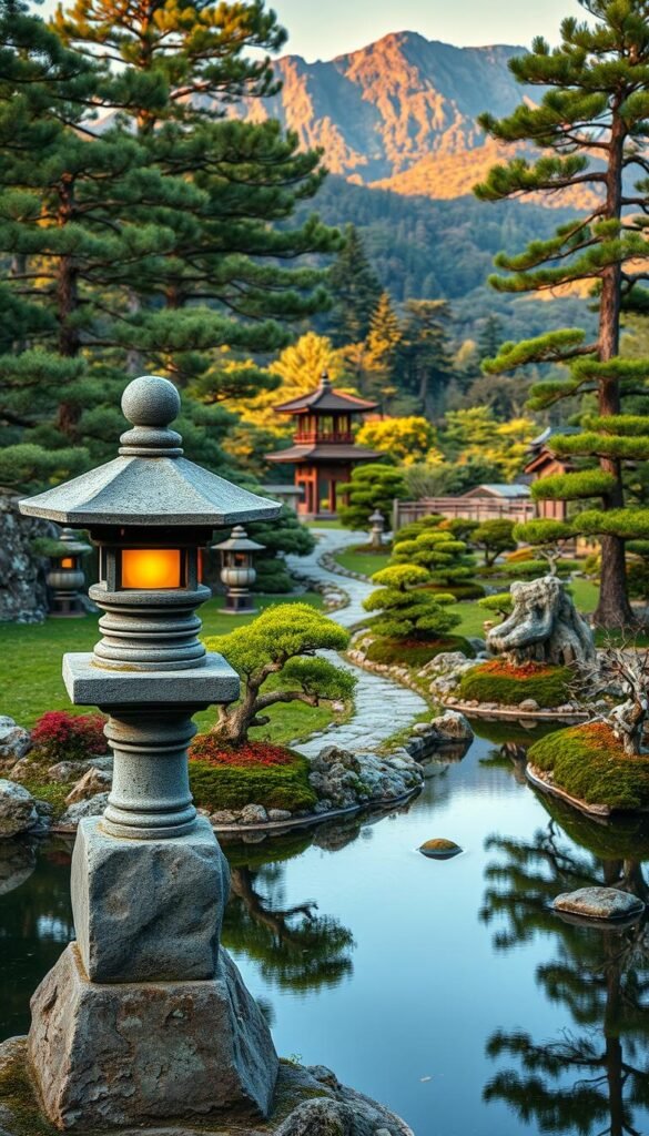 A tranquil Japanese garden, its balance elements artfully arranged. In the foreground, a weathered stone lantern casts a soft glow, its shape mirrored in a serene pond. Surrounding it, a carefully curated selection of carefully pruned bonsai trees and delicate moss-covered rocks create a sense of harmony. In the middle ground, a winding path leads the eye toward a pagoda-style structure, its graceful silhouette reflected in the still waters. The background is a lush, verdant landscape, with towering pine trees and the distant outline of rugged mountains, bathed in the warm tones of golden hour. The overall scene exudes a profound sense of tranquility and balance, embodying the essence of a traditional Japanese garden.