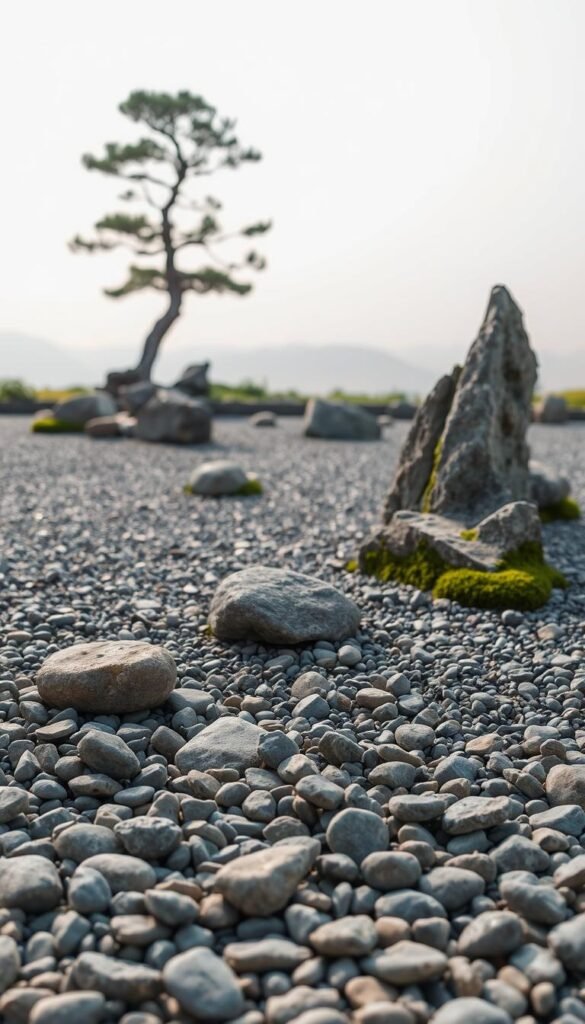 A tranquil Japanese rock garden with meticulously raked gravel, carefully placed stones, and a sparse arrangement of lush green moss. The foreground features a mix of smooth, rounded river rocks in various shades of gray, their surfaces polished by the passage of time. In the middle ground, angular boulders and jagged rocks rise from the sea of gravel, casting long, dramatic shadows. The background is dominated by a serene, minimalist landscape with a lone, gnarled pine tree silhouetted against a soft, muted sky. The overall atmosphere is one of quiet contemplation, evoking the Zen principles of simplicity, balance, and harmony. Captured with a wide-angle lens, the scene is illuminated by natural, diffused lighting that enhances the textures and tones of the natural elements.
