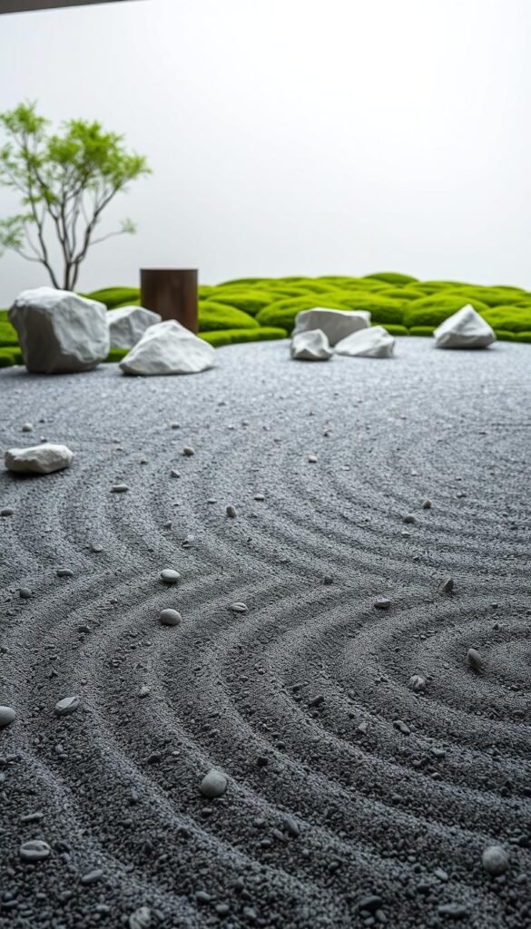 A tranquil Zen garden gravel landscape, captured with a wide-angle lens and soft, diffused lighting. In the foreground, intricate patterns of raked sand and gravel create a meditative, tactile texture. Scattered throughout, smooth stones of varying sizes and shapes add depth and visual interest. The middle ground features a minimalist arrangement of carefully placed boulders and rocks, their natural forms complementing the geometric patterns. In the background, a lush, verdant moss garden provides a serene, organic counterpoint to the refined gravel. The overall atmosphere conveys a sense of stillness, simplicity, and contemplative harmony.