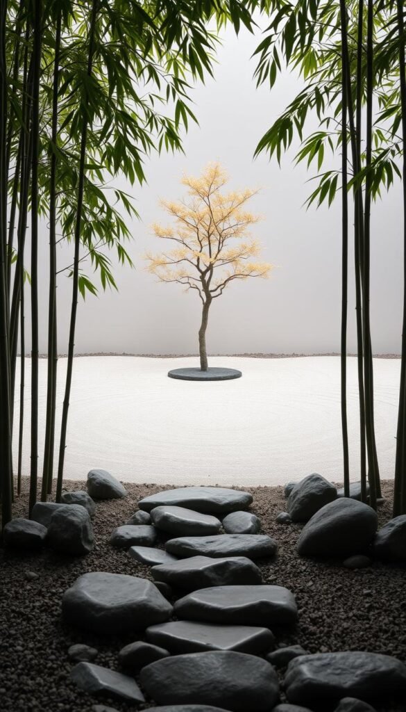 A tranquil Zen garden, meticulously arranged with a minimalist aesthetic. In the foreground, smooth river rocks are carefully placed, creating a serene path. Towering bamboo stalks frame the scene, their verdant leaves swaying gently in the breeze. The middle ground features a simple, raked sand garden, its patterns evoking the flow of water. In the background, a single, elegantly pruned Japanese maple tree stands as a focal point, its delicate branches casting soft, diffused light across the landscape. The overall mood is one of profound calm and balance, inviting contemplation and inner reflection.
