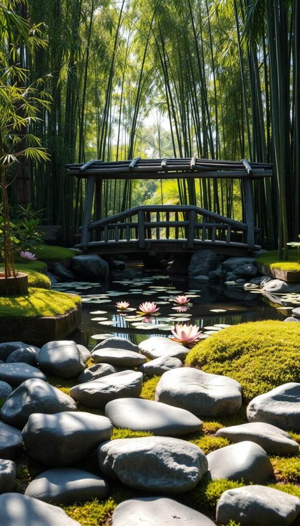 A tranquil Zen garden scene, bathed in soft, natural light. In the foreground, smooth river rocks, carefully arranged in a harmonious pattern, surrounded by lush, verdant moss. In the middle ground, a weathered wooden bridge arches gracefully over a calm, reflective pond, its surface dotted with floating lotus blossoms. In the background, towering bamboo stalks sway gently in the breeze, their rustling leaves casting delicate shadows on the ground. The overall atmosphere is one of serene contemplation, inviting the viewer to pause and find inner peace amidst the natural elements.