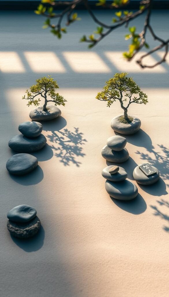 A tranquil Zen garden scene, featuring a carefully composed arrangement of smooth stones, raked sand, and strategically placed bonsai trees. The stones are arranged in a harmonious, balanced pattern, casting long shadows that intertwine with the raked sand. The lighting is soft and diffused, creating a soothing, meditative atmosphere. The bonsai trees provide a touch of verdant life, their delicate branches framing the scene. The overall composition is a visually calming and contemplative landscape, inviting the viewer to pause and find inner peace.