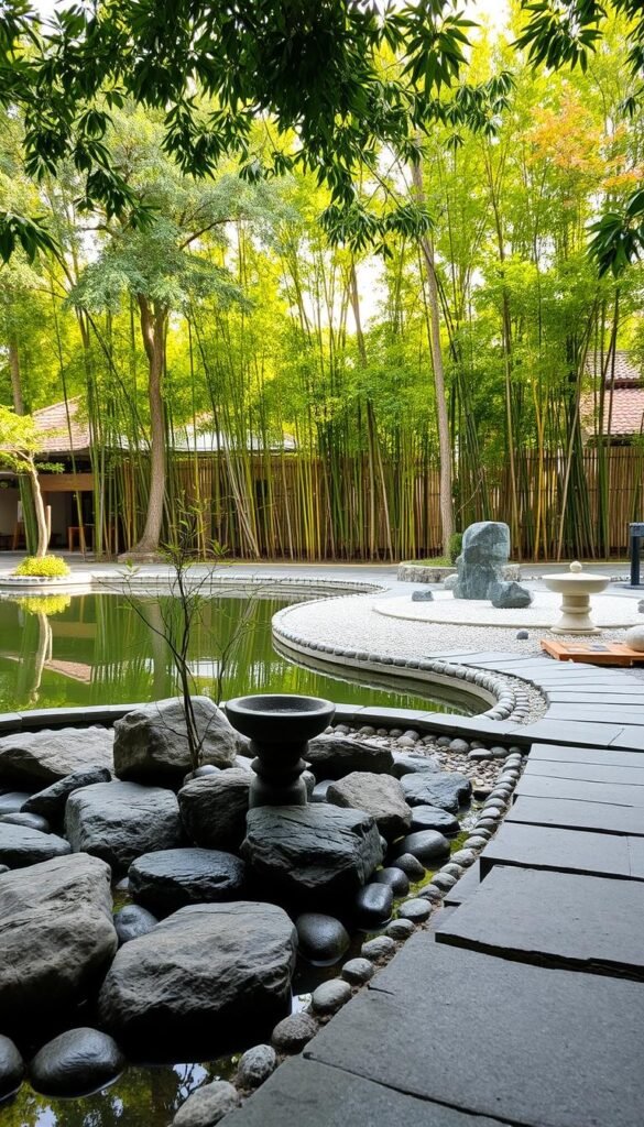 A tranquil Zen garden scene with a serene pond reflecting the sky. In the foreground, a carefully arranged display of natural elements - smooth river rocks, a delicate bamboo fountain, and a single bonsai tree. The middle ground features a winding stone pathway leading to a raked gravel zen garden, with meticulously sculpted sand and stone arrangements. In the background, a lush green wall of bamboo and maple trees creates a sense of privacy and seclusion. Soft, diffused natural lighting filters through the canopy, casting gentle shadows and highlighting the textures of the natural materials. The overall atmosphere evokes a profound sense of calm, balance, and mindfulness.