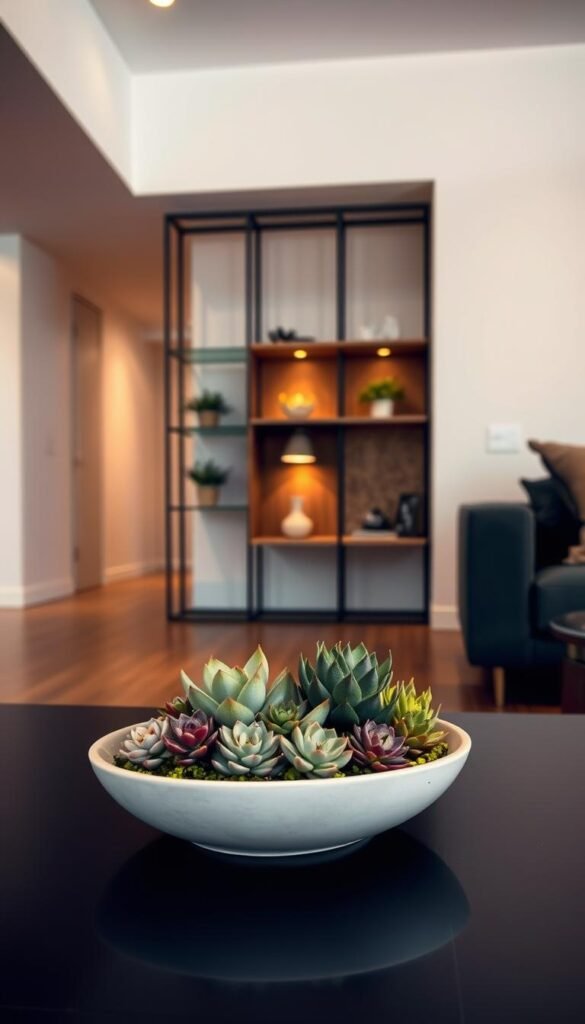 A tranquil and meticulously arranged dish garden graces a contemporary living space. In the foreground, a low, sleek ceramic container holds a harmonious mix of succulents, their shapes and textures complementing each other. Soft, indirect lighting casts a warm glow, highlighting the plants' vibrant hues. The middle ground features a minimalist, wood-and-metal display unit, showcasing the dish garden's elegant simplicity. The background subtly blends modern architectural elements, such as clean lines and neutral tones, creating a serene, gallery-like ambiance that allows the focal point to shine.