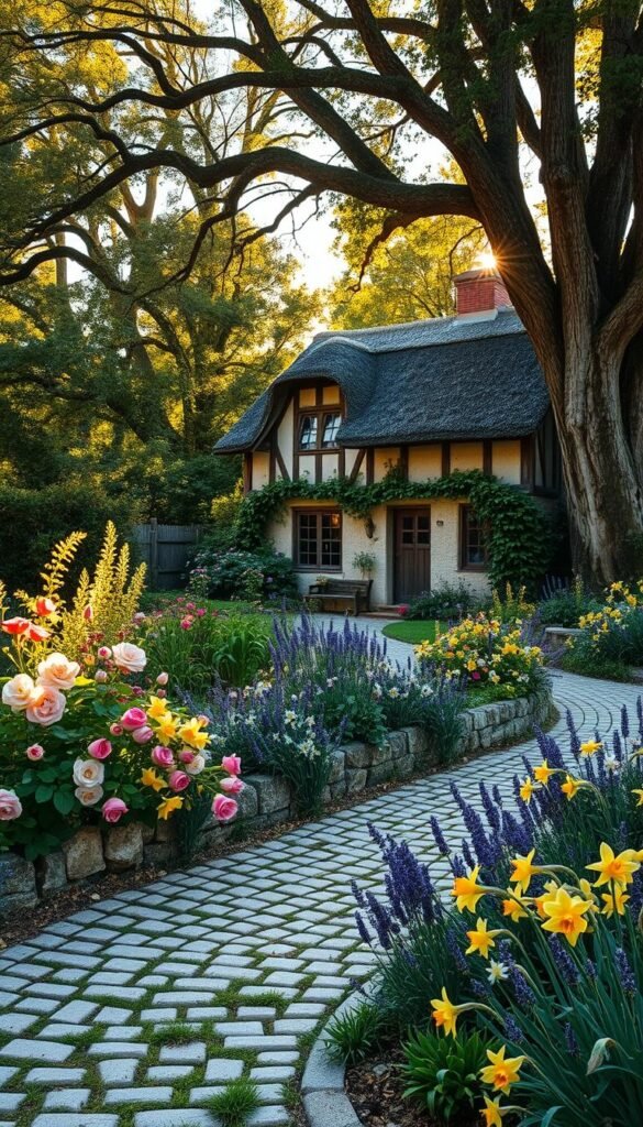 A tranquil cottage garden from a bygone era, bathed in warm afternoon light. In the foreground, a cobblestone path winds through a riot of colorful blooms - delicate roses, fragrant lavender, and cheerful daffodils. Bordering the path, a low stone wall is draped with cascading vines. In the middle ground, a quaint thatched-roof cottage stands, its weathered wooden beams and casement windows evoking a timeless pastoral charm. Towering oaks and lush greenery form the backdrop, casting dappled shadows across the scene. The overall atmosphere is one of rustic elegance and an enduring connection to the land.