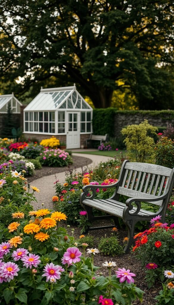 A tranquil cottage garden planning scene, with a weathered wooden bench nestled among lush foliage. In the foreground, vibrant blooms in a variety of colors and textures dot the well-tended beds. A winding garden path leads the eye to the middle ground, where a quaint greenhouse structure stands, its glass panes reflecting the soft, warm lighting. In the background, a low stone wall encloses the space, and a canopy of mature trees filters the sun, casting a gentle, dappled light over the entire scene. The atmosphere is one of calm, contemplation, and the joyful anticipation of creating a charming, personalized outdoor oasis.