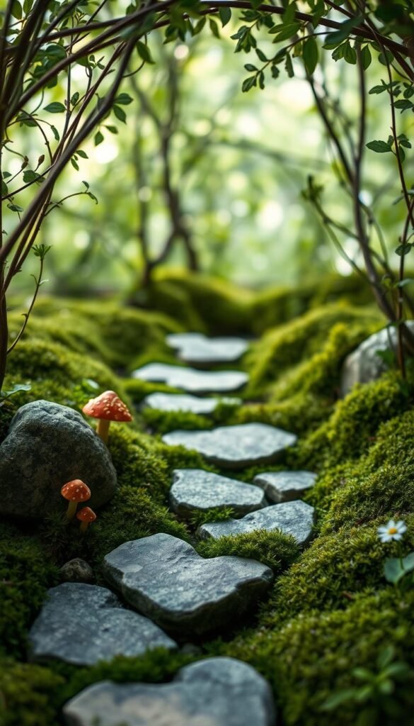 A tranquil fairy garden scene, with a meandering path of whimsical stepping stones leading through a lush, verdant backdrop. The stones are intricately detailed, featuring delicate moss, miniature mushrooms, and tiny flowers blooming between the cracks. Soft, diffused lighting filters through the canopy of delicate foliage, casting a gentle, magical glow over the entire composition. The overall mood is one of serene enchantment, inviting the viewer to step into this captivating miniature world and explore its hidden wonders.
