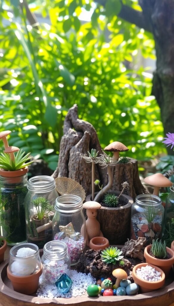 A tranquil fairy garden scene, with an assortment of whimsical supplies arranged artfully. In the foreground, delicate glass jars, tiny terracotta pots, and a weathered wooden tray hold an array of miniature plants, sparkling crystals, and glittering fairy dust. The middle ground features a small, gnarled tree stump, its surface adorned with intricate mushrooms and delicate flowers. Dappled sunlight filters through the lush, verdant foliage in the background, casting a warm, enchanted glow over the scene. The overall atmosphere is one of natural wonder and enchantment, inviting the viewer to imagine the magical possibilities of a fairy garden.