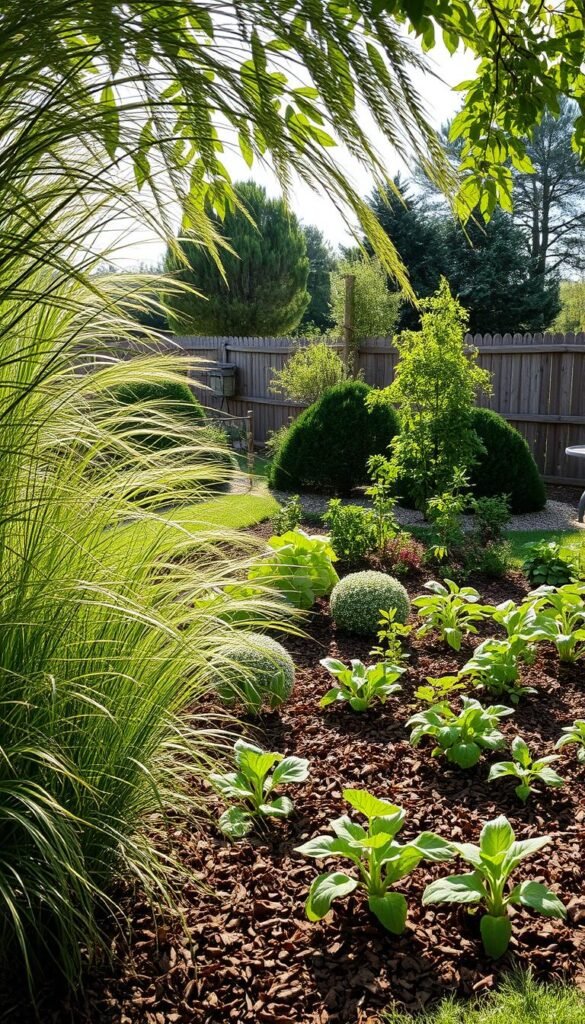A tranquil garden scene with lush, flourishing plants nestled within a protective microclimate. In the foreground, a dense windbreak of tall, swaying grasses and shrubs shield the garden from the elements. Thick layers of organic mulch cover the soil, retaining moisture and insulating the plant roots. Dappled sunlight filters through the foliage, casting a warm, natural glow across the scene. The middle ground showcases a variety of thriving vegetables, herbs, and flowers, all thriving under the sheltered conditions. In the background, a wooden fence and distant trees frame the serene, well-protected garden oasis. The overall mood is one of harmonious coexistence, where the plants and their natural defenses work in tandem to create an ideal microclimate.