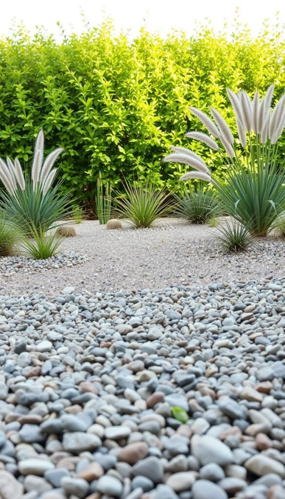A tranquil gravel garden scene with a harmonious layout. In the foreground, an array of smooth pebbles in shades of grey and beige, meticulously arranged to create a serene, low-maintenance surface. The middle ground features a selection of drought-tolerant plants, such as succulents and ornamental grasses, strategically placed to add pops of color and texture. In the background, a backdrop of lush, verdant foliage frames the scene, casting a gentle, natural ambiance. The lighting is soft and diffused, creating a calming, contemplative atmosphere. The camera angle is slightly elevated, allowing the viewer to appreciate the thoughtful zoning and overall visual appeal of this gravel garden design.