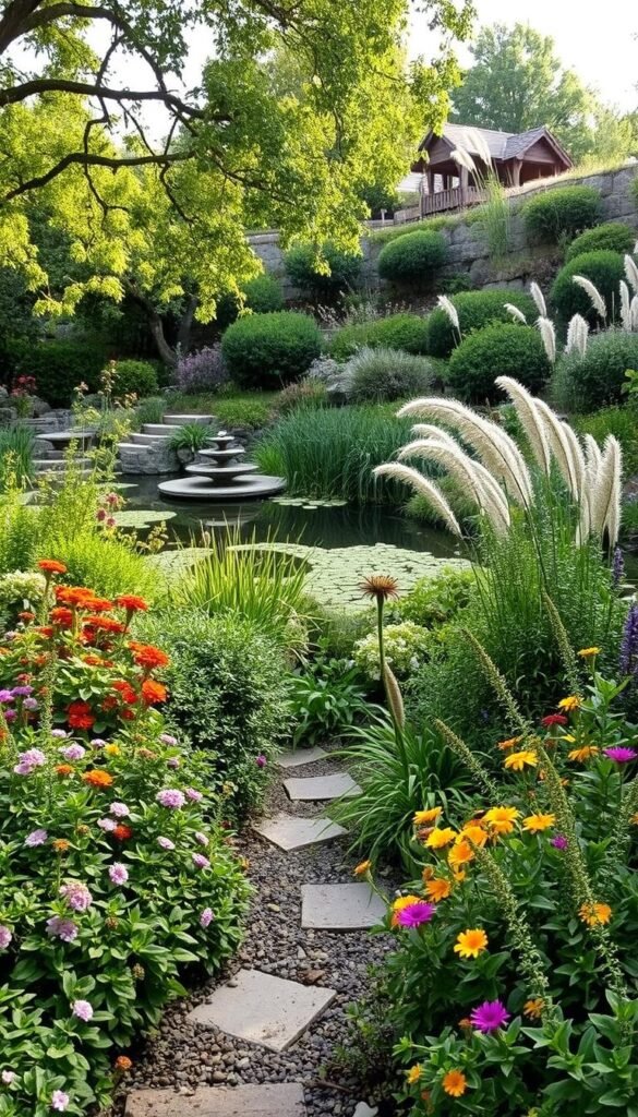 A tranquil, naturalistic garden design featuring a lush, diverse array of flowers, shrubs, and ornamental grasses. The foreground showcases an informal, meandering pathway lined with vibrant perennials and cascading groundcover. The middle ground presents a serene pond or water feature, its surface reflecting the dappled sunlight filtering through the canopy of overhanging trees. In the background, a gentle slope is dotted with clusters of native bushes and towering, wispy ornamental grasses, creating a sense of depth and visual interest. The overall atmosphere is one of effortless beauty, natural harmony, and low-maintenance ease, perfectly suited for a small, busy garden.