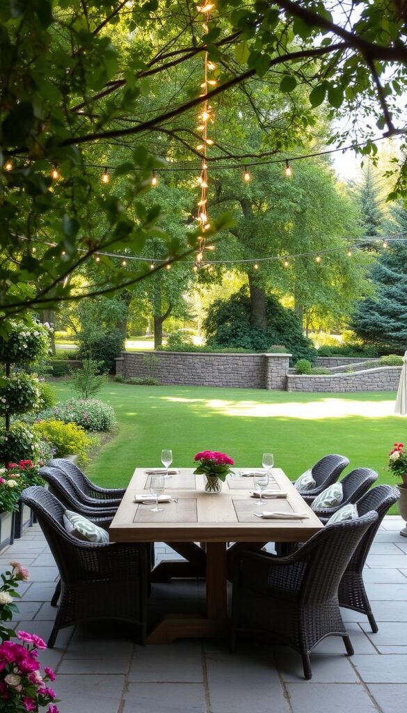 A tranquil outdoor dining area with a cozy, inviting atmosphere. A large wooden table surrounded by comfortable wicker chairs is positioned on a stone patio, framed by lush greenery and blooming flowerbeds. Delicate string lights hang overhead, casting a warm glow over the scene. In the background, a well-manicured lawn leads to a decorative stone wall, creating a sense of enclosure and privacy. Soft sunlight filters through the trees, highlighting the natural textures and colors. The overall ambiance is one of relaxation and togetherness, perfect for alfresco dining and entertaining.