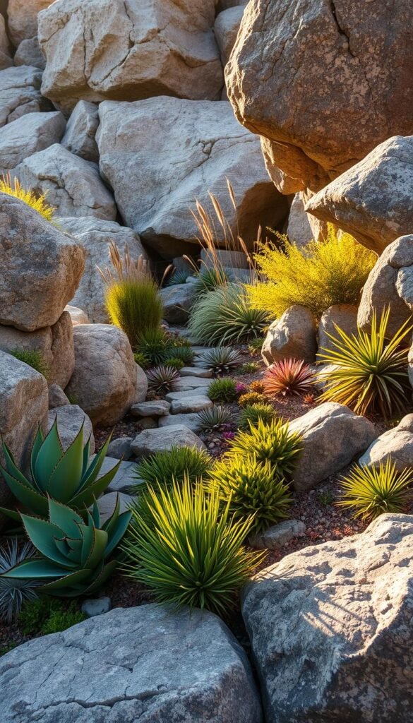 A tranquil rock garden bathed in warm, golden light. In the foreground, vibrant drought-tolerant plants such as agave, yucca, and sedum cascade over weathered boulders, their textured foliage and dramatic shapes creating a sense of harmony with the rugged landscape. Mid-frame, a mix of low-growing succulents and ornamental grasses weave through the crevices, adding depth and visual interest. In the background, a subtle gradient of soft shadows and highlights accentuates the natural contours of the rocks, evoking a timeless, serene atmosphere.