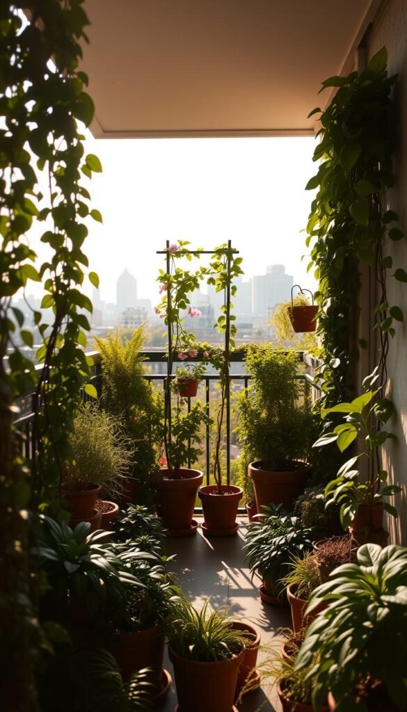 A tranquil urban balcony transformed into a thriving garden oasis. Lush potted plants and cascading vines fill the foreground, creating a cozy, intimate atmosphere. In the middle ground, a delicate trellis supports climbing flowers, casting gentle shadows. The background showcases the city skyline, hinting at the balance between nature and metropolitan living. Warm, diffused sunlight filters through, illuminating the verdant foliage and complementing the earthy tones. The overall scene exudes a sense of calm and invites the viewer to envision the possibilities of transforming a small urban space into a personal botanical retreat.