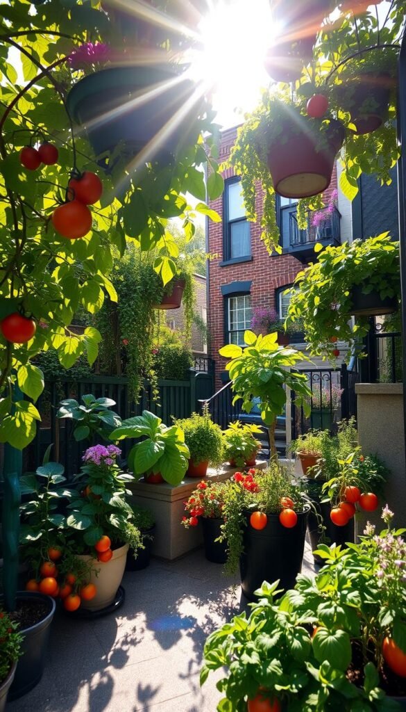 A tranquil urban garden oasis, with lush potted plants and vibrant foliage cascading from hanging baskets. The warm afternoon sun filters through the canopy of leaves, casting a gentle glow over the scene. In the foreground, a variety of thriving container gardens showcase the bounty of homegrown produce - juicy tomatoes, crisp greens, and aromatic herbs. The middle ground reveals a cozy seating area, inviting the viewer to pause and appreciate the peaceful respite from the bustling city. In the background, the facade of a charming townhouse provides a welcoming backdrop, hinting at the year-round potential of this intimate urban sanctuary. Captured with a wide-angle lens, the composition emphasizes the harmonious integration of nature and architecture, embodying the joys of container gardening.