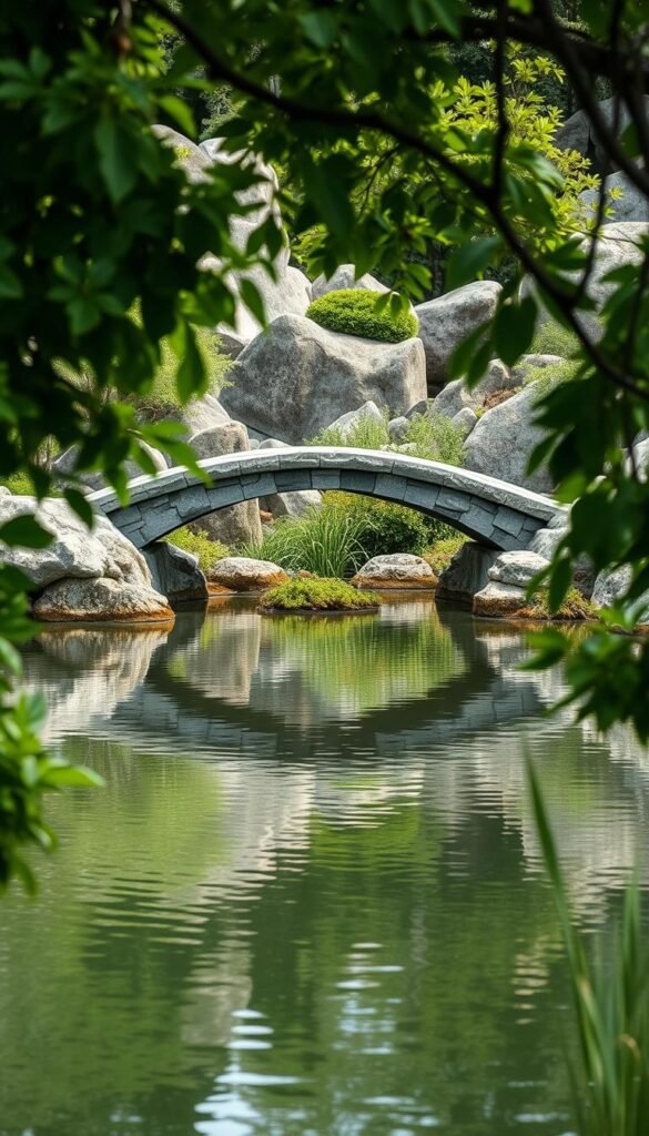 A tranquil zen garden scene with a serene pond, its surface gently rippling. In the foreground, a Japanese-style stone bridge arches gracefully over the water, its reflection mirrored in the still surface. Lush, verdant foliage frames the edges, creating a sense of enclosure and privacy. The background features a backdrop of carefully arranged rocks and boulders, their weathered textures complementing the soothing palette of greens and blues. Soft, diffused natural lighting bathes the scene, enhancing the calming atmosphere. The overall composition evokes a harmonious fusion of water, stone, and vegetation, embodying the essence of Japanese garden aesthetics.